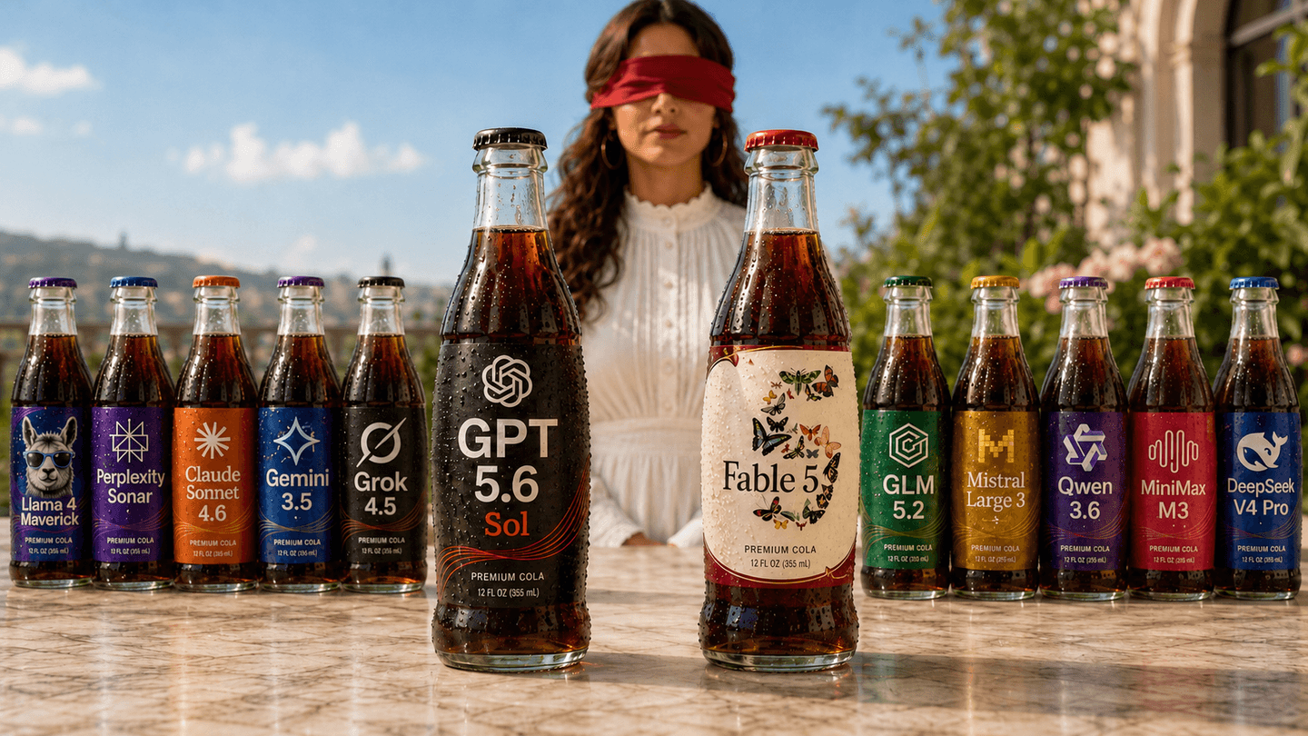 Blindfolded woman seated behind cola bottles labeled as AI models, with GPT 5.6 Sol and Fable 5 featured in front and other model bottles arranged on both sides.