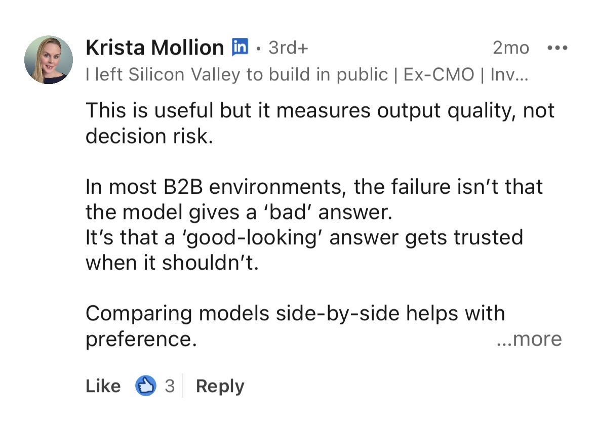 Screenshot of a LinkedIn comment from Krista Mollion under the Crosscheck announcement post, reading that the tool is useful but measures output quality, not decision risk, and that in most B2B environments the failure is not a bad answer but a good-looking answer that gets trusted when it shouldn't.