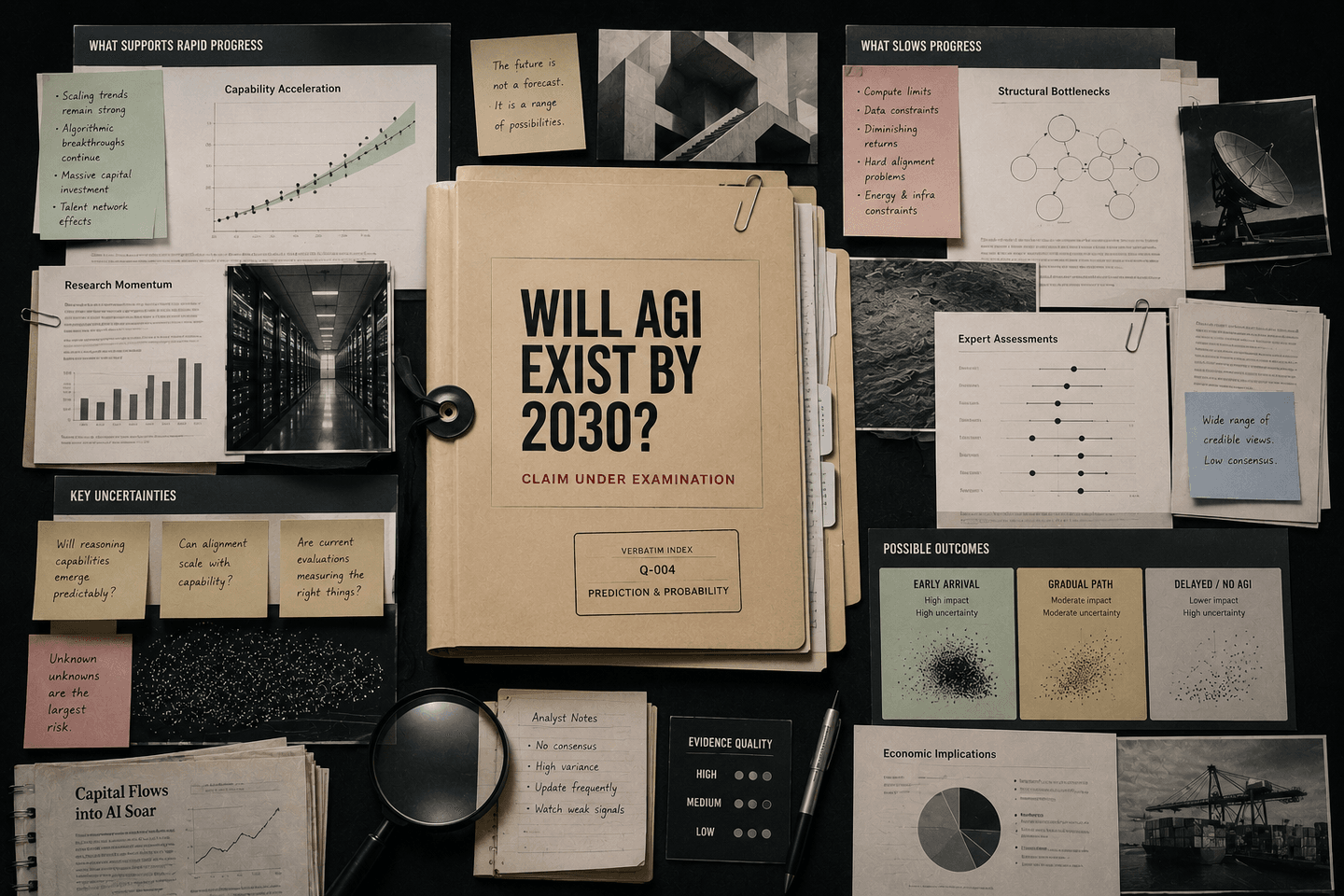 An investigation-style evidence board centered on a manila case folder labeled "Will AGI exist by 2030? Claim under examination" with a Q-004 tag, surrounded by pinned charts and notes grouped into what supports rapid progress, what slows progress, key uncertainties, expert assessments, and possible outcomes, with a magnifying glass resting on the board.
