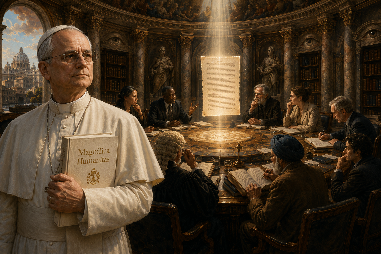 A painted council scene: Pope Leo XIV in white vestments holds a book titled Magnifica Humanitas, with St. Peter's Basilica visible through the window behind him; a diverse council of figures sits around a round table studying texts beneath a glowing illuminated document, watchful eyes set into the marble walls above them.